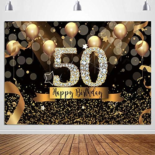 Pozadina fotografije za zabavu za 50. rođendan, sjajni crni i zlatni baloni, pozadina za žene, nevjerojatan nakit za zabavu za 50.