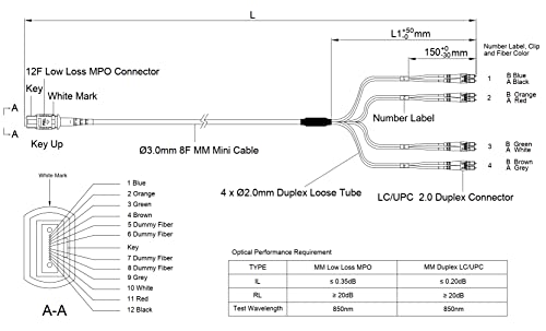 SpeedyFibertx-12-pack 1 metar niski gubitak bez prepucavanja MPO do 8XLC kabel za proboj vlakana, OM3 Corning ClearCurve® vlakna, vatrogasna
