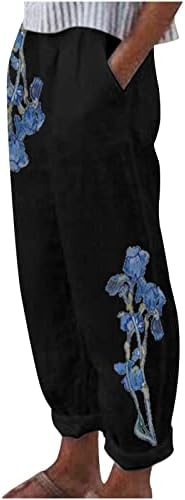 Ženske pamučne lanene hlače u donjem rublju Capri haljina ošišane hlače za ljeto casual print labave udobne kravate s džepovima