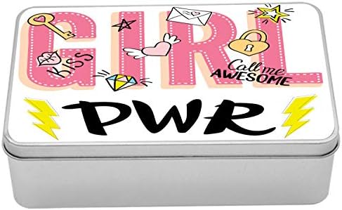 Ambasonne djevojčica slogan limena kutija, djevojčica Power Doodle Sketchy za Valentines i Romance Hearts s tiskom krila, prijenosni