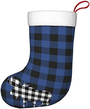 Silinana Buffalo Plaid Moose Lumberjack Plava crna plišana božićna čarapa, Božića čarape, viseći ukrasi za bombone za poklon torbe