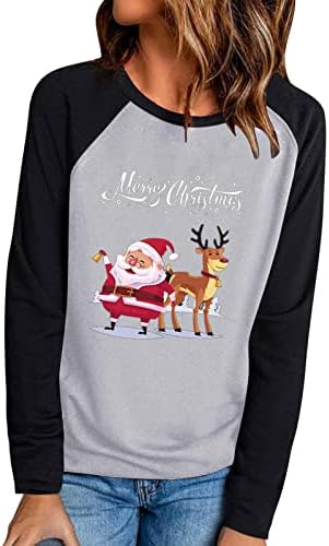 majica za sretan Božić, ženski topovi, Slatki print Djeda Mraza s sobovima, ležerna majica dugih rukava s okruglim vratom, pulover