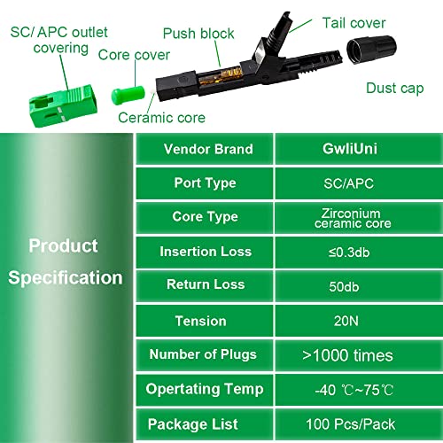 100 PCS SC VICE Optical Fast Hladni priključak, utikač za brzi adapter s jednim načinom rada za FTTH, CATV itd.