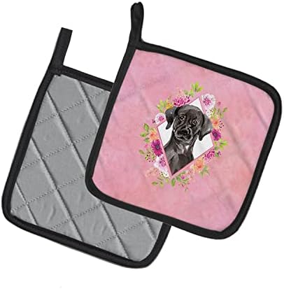 Caroline's blaga ck4261pthd crni labrador ružičasti cvjetovi par držača lonca, kuhinjska toplinska rezistentna držača lonca sets pećnica