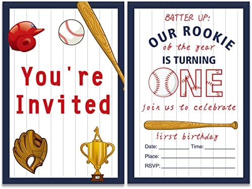 Baseball Pozivnice za 1. rođendan popunjavaju set od 20 s omotnicama Baseball First Boy Party Poziva karake za osiguranje, dvostrano,