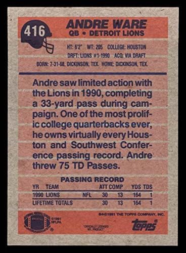 1991. Topps 416 Andre Ware Detroit Lions NM/MT Lions UH