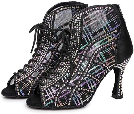 Hipposeus Ženske klasične sjajne cipele za latino plesne cipele - Zipper Mesh Square Party Plesne čizme za performanse, Model 434