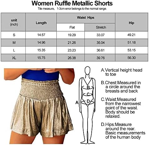 FAZOACOU Ženske sjajne metalne kratke kratke hlače zaleđene strukom naplaćene ruffle kratke hlače kratke hlače burne vruće hlače