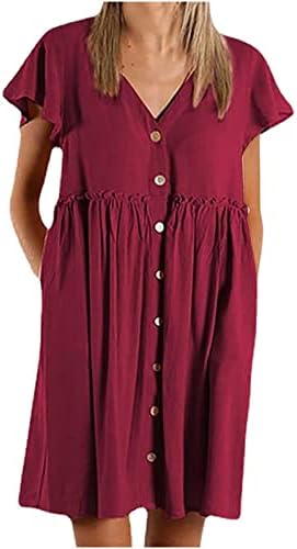 Ženska ljetna suknja suknja labave čvrste boje V-izrez gumb s visokim strukom drva uho kratke rukave čvrste suknje u boji