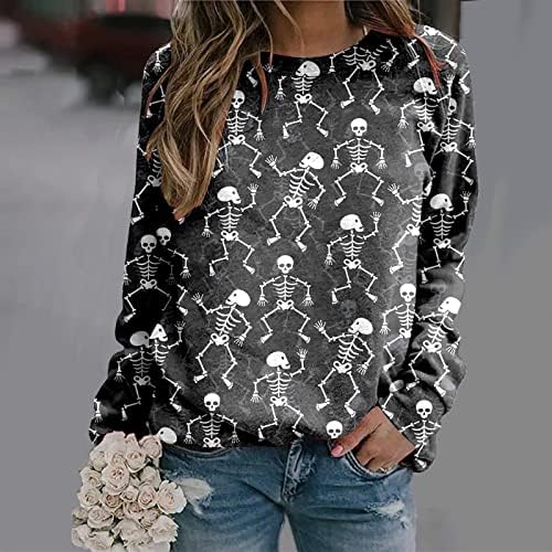 Beuu Halloween majice za žene ležerne trendovske bluze s dugim rukavima meki vratni kostur skeleton bundeva tiska pulover tunike vrhovi