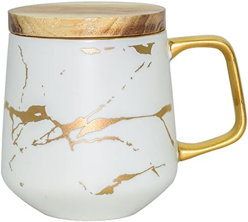 Lucck keramička šalica za kavu s drvenim poklopcem 14,5 oz čaša čaša luksuzno zlato umetnik mramorni mramorni kava šalice s poklopcem
