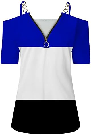 2023 Ženske bluze Dressy casual kratki rukavi V vrat Zip Up majice Colorblock Tunika Tonika Tonika seksi OFF rame Osnovni tinejdžeri