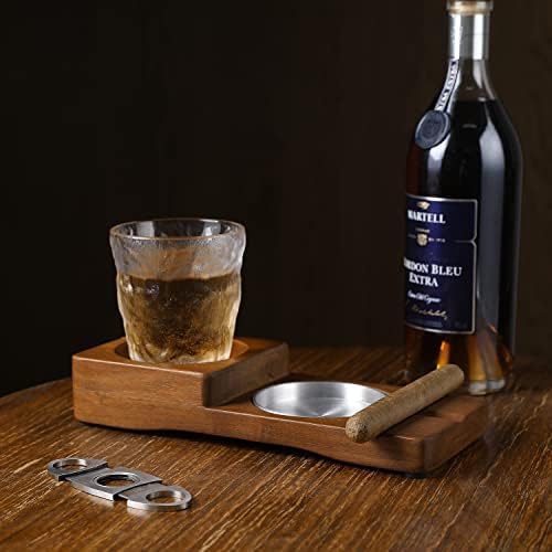 MyGift Solid Acacia Wood Whiskey pribor za viski, držač cigara sa srebrnim metalnim pepeljara i škotskim staklenim drvenim ladicama