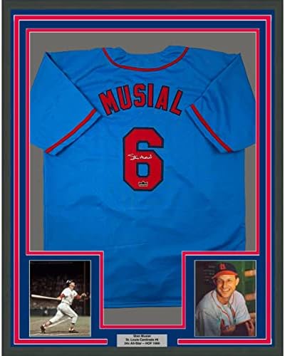 Uokvireni faksimilni autogramirani Stan Musial 33x42 St. Louis Blue Reprint Laser Auto Baseball Jersey