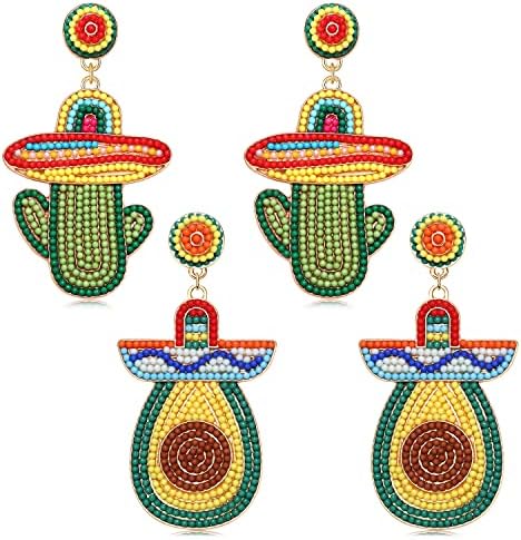 2 para naušnica od bisera sombrero, naušnice od kaktusa, sretna Fiesta, čili avokado, viseće naušnice, Meksički blagdanski večernji