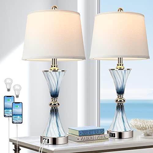 Set od 2 stolne svjetiljke od plavog stakla za spavaće sobe s 2-inčnim priključcima, noćne svjetiljke s kontrolama na dodir s 3-smjernom