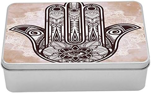 Ambsonne Hamsa Metal Box, kulturna ezoterična šarm sreće s okruglom mandalom, višenamjenski pravokutni spremnik s poklopcem s poklopcem,
