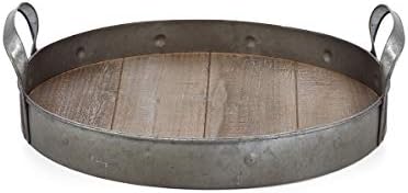 Benjara Benzara BM186575 Metalni i drveni okrugli ukrasni ladica, set od dva, smeđa i siva