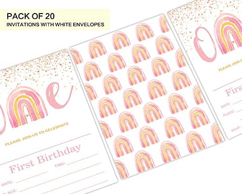 Pozivnice za rođendan za djevojku, 1. prvi rođendan pozivnice s omotnicama, 20 pakiranja ružičaste duge