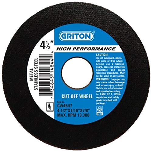 Griton CW4547 Arbor Industrial Odrežite kotač za nehrđajući čelik i metal, 7/8 promjer rupe, 4,5 promjer, 1/16 širina širina