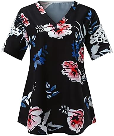 Weny ljetni vrhovi za žene plažu, žene čipka cvjetni print v-izrez casual majice kratkih rukava labava bluza s tunikom