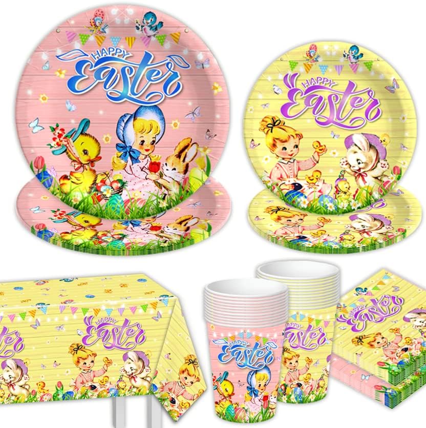 Vintage Dekoracija sretnog uskrsnog posuđa- Uskršnji zeko jaja šarene ploče šalice za večeru set za Happy Uskrs Party zalihe