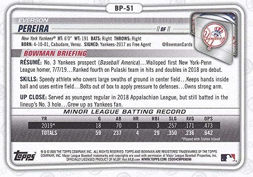 2020. Bowman Prospects Paper Baseball BP-51 Everson Pereira New York Yankees Službeni 1. prvi Bowman MLB Trgovačka kartica iz TOPPS