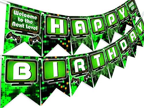Pop Party Gaming Party Happy Birthday Banner - Opskrba za zabavu za video igre - Ukrasi o zabavi za igranje - Green Gaming